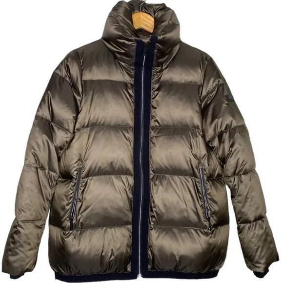 BCBGMaxAzria Metallic Green Quilted Down Puffer Jacket Coat Women Small Gorpcore
